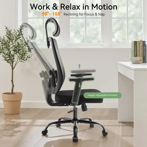 Miniatura 4 de Silla ergonómica de oficina con respaldo alto de malla, silla de escritorio de oficina con soporte lumbar ajustable, sillas de trabajo rodantes