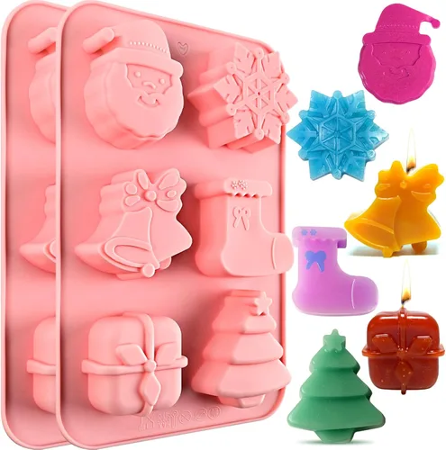 Moldes de jabón de Navidad, 2 moldes de silicona de Navidad para velas, jabones, mini pasteles, árbol de Navidad, copo de nieve, Papá Noel,