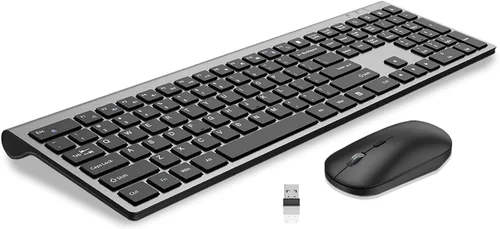 Teclado y mouse inalámbricos, teclado de computadora plano delgado de tamaño completo y mouse óptico silencioso de 2400 DPI con dongle de 2.4 GHz,