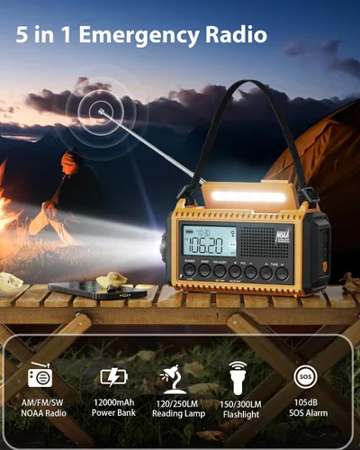 Miniatura 2 de Radio de emergencia, radio meteorológica NOAA con batería recargable de 12000 mAh, pantalla LCD, alerta automática, AM/FM/onda corta, SOS, puerto
