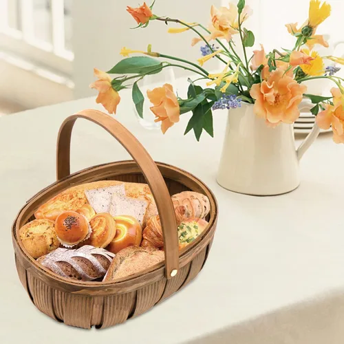Miniatura 5 de Lawei Paquete de 3 cestas de pan de madera, cesta de picnic de virutas de madera con asas, cesta de almacenamiento de frutas tejidas a mano
