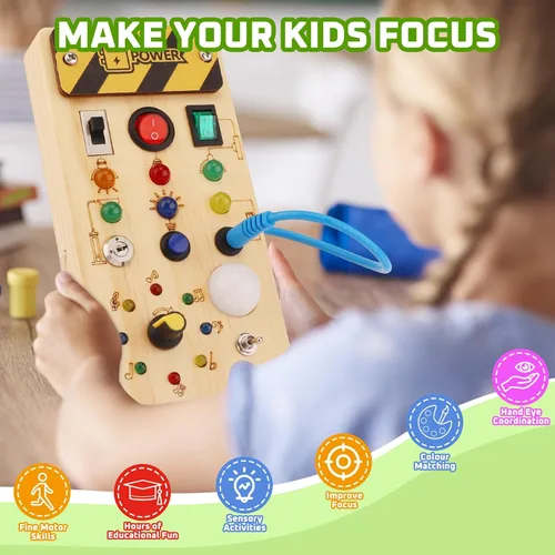 Miniatura 5 de wakeInsa Tablero de actividades con luz LED, juguetes sensoriales de viaje para niños pequeños de 1 a 3 años, tablero de madera para niños pequeños