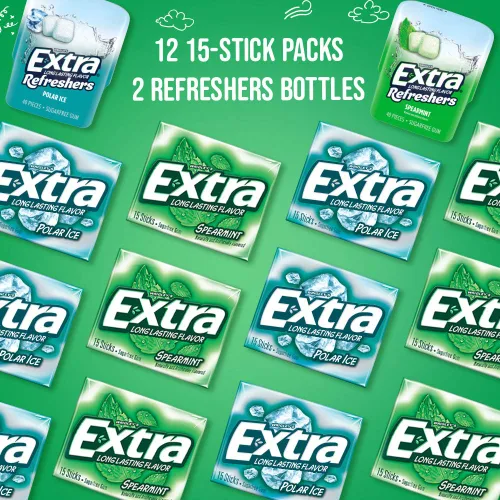 Miniatura 4 de EXTRA Spearmint & Polar Ice - Goma de mascar sin azúcar, surtido a granel, 15 palitos y 40 piezas (2 paquetes de botellas y 12 paquetes individuales)