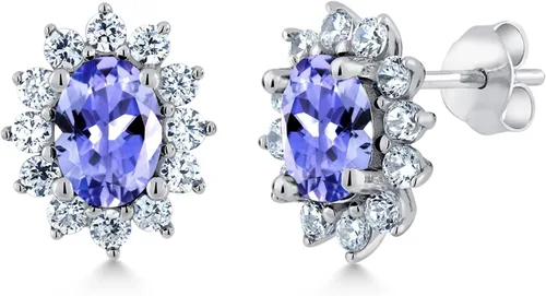 Miniatura 141 de Gem Stone King Aretes ovalados de plata de ley 925 de 0.276 x 0.197 in con piedra natal de la princesa Diana, estilo halo real para mujeres