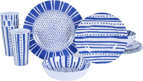 Miniatura 12 de Juego de vajilla de melamina para 4-16 piezas: juego de platos de campamento con platos llanos, platos de ensalada, tazas y cuencos. Ligero e