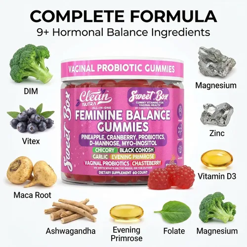 Miniatura 4 de Gomas de equilibrio femenino Clean Nutra para mujeres, piña, probióticos vaginales, balance de pH, arándano, D-manosa, suplemento de inositol