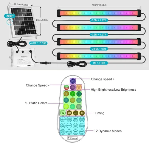 Miniatura 3 de MEIKEE Luz solar RGBW LED de pared 4 en 1, IP66 impermeable que cambia de color, tira de luces solares de pared con control remoto, luz