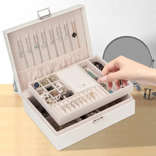 Miniatura 6 de Caja organizadora de joyas para niñas y mujeres, estuche de viaje grande de doble capa con caja de regalocolor blanco
