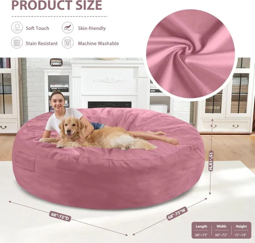 Miniatura 253 de Puf de 5 pies, puf grande con relleno de espuma viscoelástica, sofá puff esponjoso con funda de terciopelo holandés, puf redondo para sala de estar