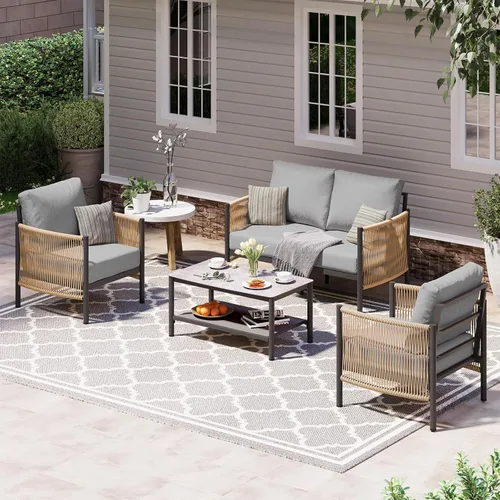 Miniatura 18 de Juego de muebles de aluminio para patio al aire libre con mesa de centro de doble capa, juegos de conversación de patio modernos de 4 piezas