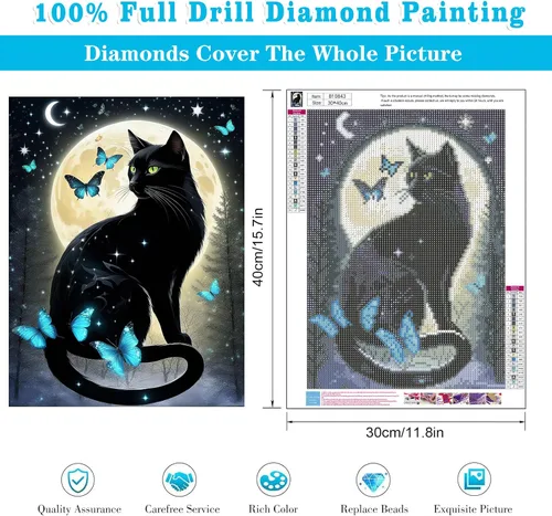 Miniatura 3 de Meothan Kits de Arte de Diamantes de Gato Negro 5D para Adultos Principiantes Kits de Pintura de Diamantes de Gato Luna para Adultos Pintura