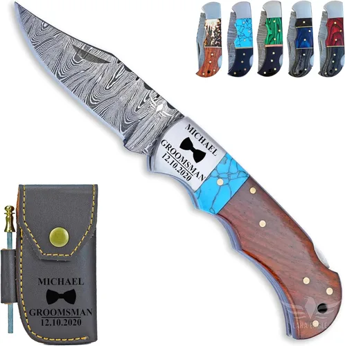 Miniatura 17 de Cuchillo de bolsillo de damasco personalizado para hombres - Cuchillo plegable de caza de acero sólido de 133 capas hecho a mano con afilador y azul