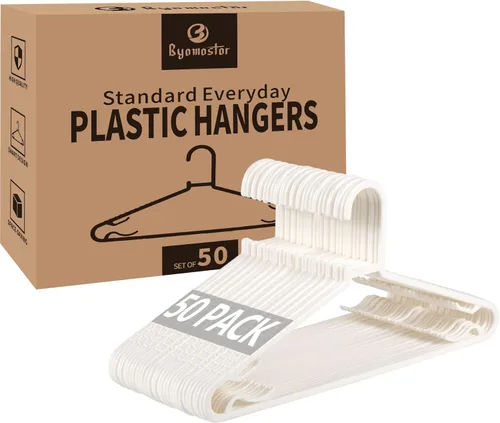 Perchas de plástico blancas, paquete de 50 perchas ligeras y duraderas en forma de G, tamaño estándar, ideal para camisetas sin mangas, vestidos,