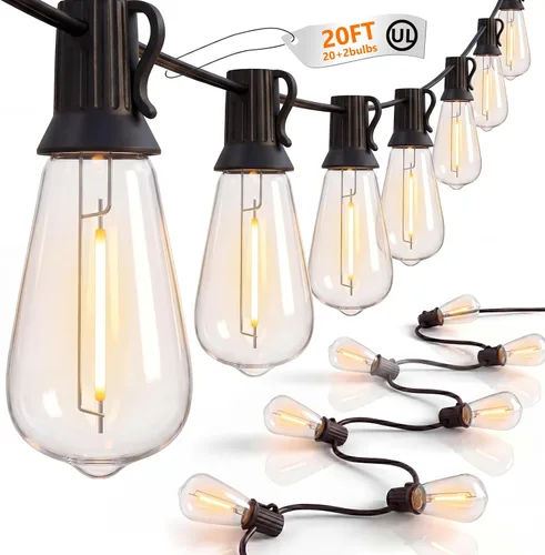 Tira de luces LED ST40 de 20 pies para exteriores con 22 bombillas Edison vintage inastillables, tira de luces para patio, impermeable, para patio,