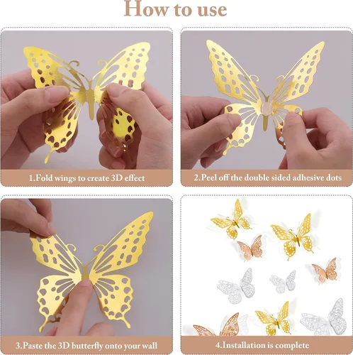 Miniatura 6 de SAOROPEB - Calcomanía 3D de mariposa que brilla en la oscuridad, 24 unidades, 3 tamaños, para decorar techo o pared, suministros de fiesta