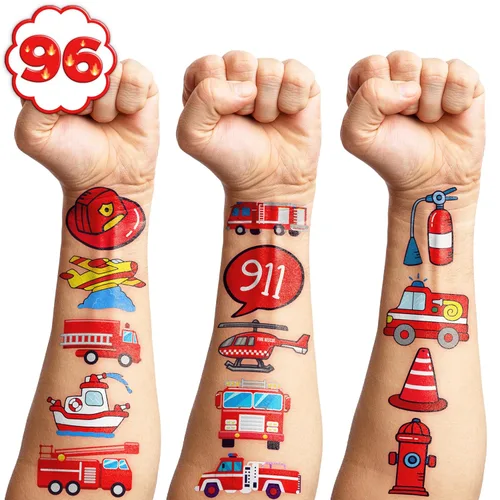 Miniatura 3 de 96 tatuajes temporales de bombero para niños, lindos tatuajes falsos de camión de bomberos para niños, regalos de fiesta de cumpleaños, recompensas