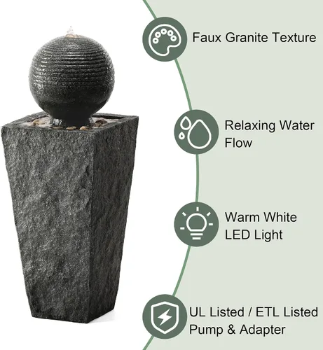 Miniatura 6 de Glitzhome Fuente de agua para exteriores con luz LED, fuente decorativa con pedestal de esfera para exteriores con bomba sumergible, fuentes