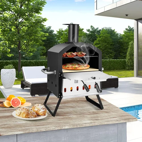 Miniatura 9 de Giantex Horno de Pizza al Aire Libre de Leña, Fabricante de Pizza de 2 Capas con Piedra para Pizza de 12 Pulgadas, Pala para Pizza, Rejilla