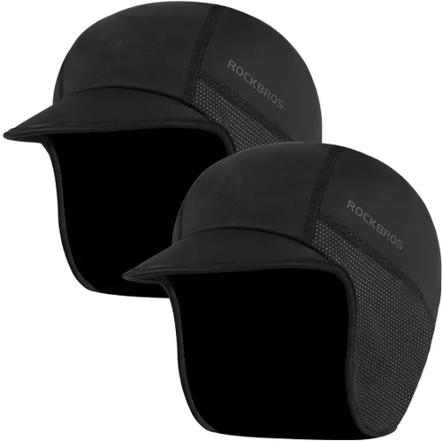 Miniatura 13 de ROCKBROS Gorras de ciclismo de invierno para hombres y mujeres, sombrero de ciclismo a prueba de viento con visera solar debajo del casco forro negro