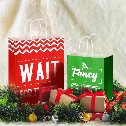 Miniatura 5 de Zonon 8 bolsas de regalo divertidas de Navidad con asas, bolsas de favor de fiesta de Navidad rojas y verdes con frases humorísticas, suministros