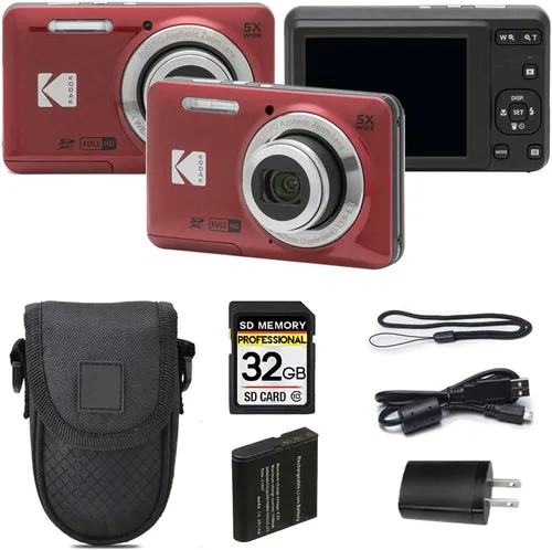 Cámara digital Kodak PIXPRO FZ55, compacta de 16MP apunto y dispara, zoom óptico 5X, lente gran angular de 28mm, video Full HD 1080P, roja + estuche