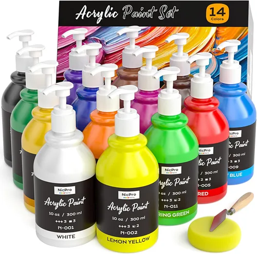 Nicpro Juego de pintura acrílica de 14 colores (10 onzas/10.1 fl oz), kits de pinturas acrílicas grandes a granel con pigmentos ricos para artistas,