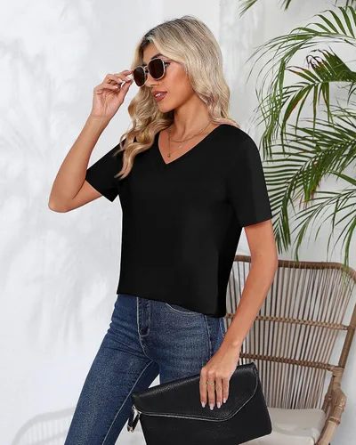 Miniatura 3 de Ficerd Paquete de 2 camisetas con cuello en V para mujer, manga corta o larga, camisetas básicas de verano casuales con dobladillo sólido