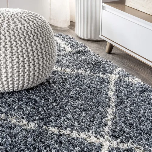 Miniatura 6 de JONATHAN Y Mercer Shag - Alfombra de pasillo de felpa con borlas, azul/crema, 2 x 8 pulgadas, enrejado geométrico marroquí, fácil limpieza para sala