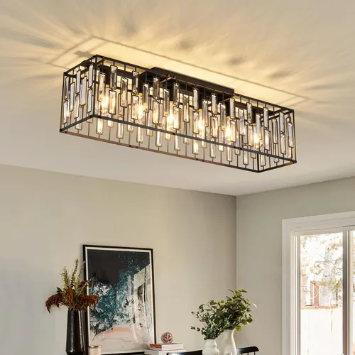 Miniatura 12 de Garwarm Lámpara de techo rectangular de montaje empotrado de 6 luces, lámpara de araña negra enjaulada de metal de 38 pulgadas, lámpara de techo