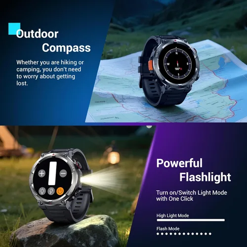 Miniatura 14 de Military Smart Watch for Men(Answer/Make Calls),Outdoor Smartwatch with 100 Days Battery/Flashlight/Compass/Heart Rate/SpO2/Sleep Monitor/2 Straps