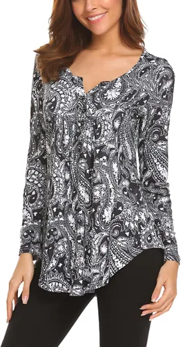 Miniatura 4 de Blusa de manga larga con estampado floral Henley cuello en V, plisada, casual, acampanada, para mujer