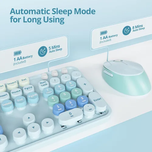 Miniatura 2 de Teclado y mouse azules, bonito combo de teclado y mouse inalámbricos, teclado de máquina de escribir de tamaño completo con teclado numérico, azul
