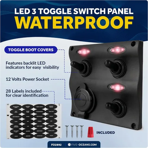 Miniatura 2 de Five Oceans Marine 2 3 6 Gang Toggle Rocker Switch Panel, enchufe del encendedor de cigarrillos 12V