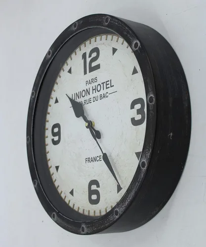 Windy Hill Collection Reloj de pared decorativo vintage de 16 "x 16" Union Hotel París Francia cara blanca borde negro WC9-EA6063