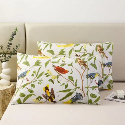 URBONUR Juego de 2 fundas de almohada 100% algodón tamaño Queen con estampado de hojas de jardín y pájaros, fundas de almohada suaves y Hojas verdes