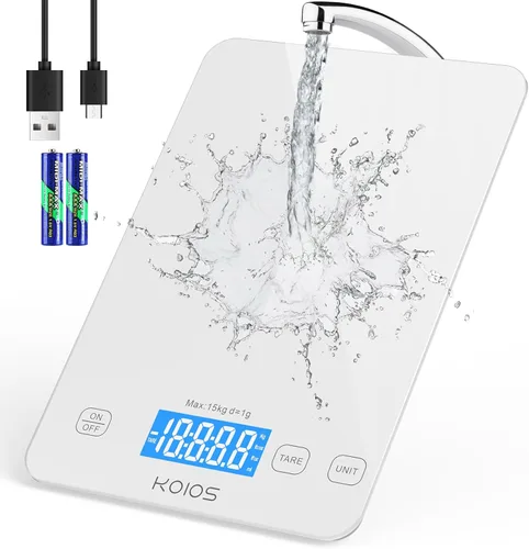 KOIOS - Báscula de cocina digital de 33 lb, báscula de alimentos digital de 15 kg, peso en gramos y onzas para cocinar y hornear, graduación precisa