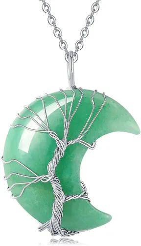 XIANNVXI Collares para mujer, collar con colgante de luna creciente, collar de árbol de la vida, collar de cristal envuelto en alambre, piedras