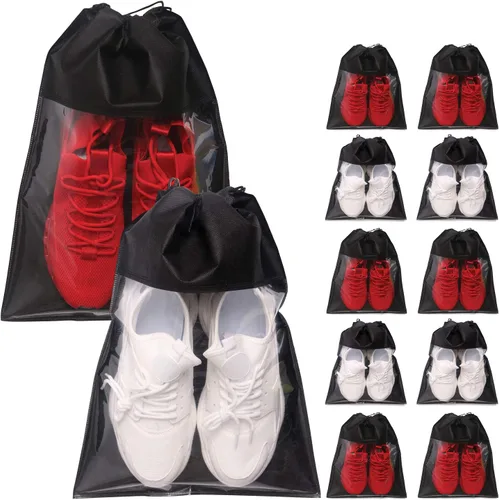 Paquete de 12 bolsas de zapatos portátiles para viajes, bolsa grande para zapatos, organizador de almacenamiento, ventana transparente con cordón,