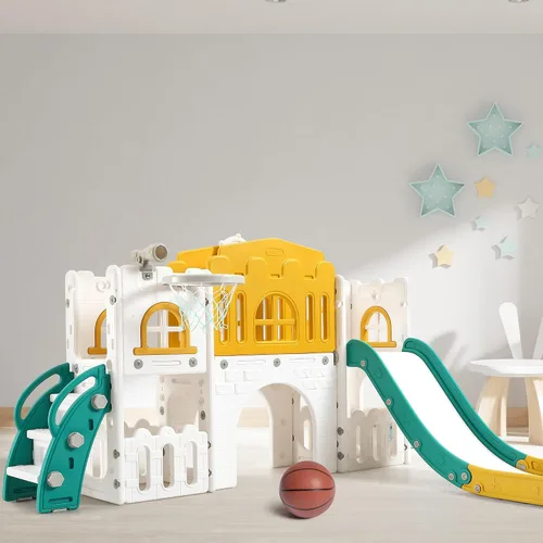 Miniatura 9 de Juego de tobogán infantil 8 en 1, juego de tobogán y escalador con pasillo, aro de baloncesto, telescopio, patio de juegos para interiores