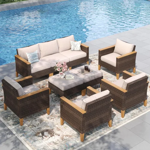 Miniatura 6 de PHI VILLA Otomana de mimbre para patio, 2 piezas, asiento otomano de mimbre para todo tipo de clima, reposapiés para exteriores con cojines