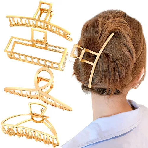 AIBEE Pinzas grandes de metal para el cabello, 4 pinzas antideslizantes grandes doradas con fuerte sujeción para cabello grueso y fino para mujeres
