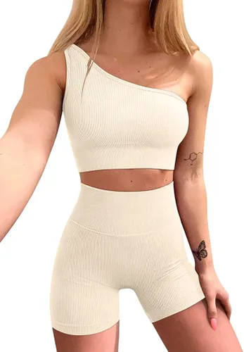 OQQ Conjuntos de entrenamiento para mujer 2 piezas acanalados con un hombro cintura alta pantalones cortos con brasier deportivo conjunto de