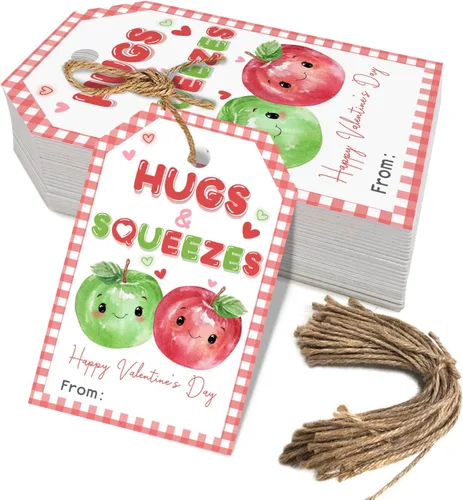 50 etiquetas de regalo de puré de manzana para el día de San Valentín, abraza y aprieta etiquetas de regalo de San Valentín para preescolar y clase