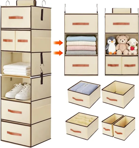Organizador colgante de armario con 6 estantes, organizadores de armario mejorados y almacenamiento con 5 cajones extraíbles y 4 bolsillos Beige
