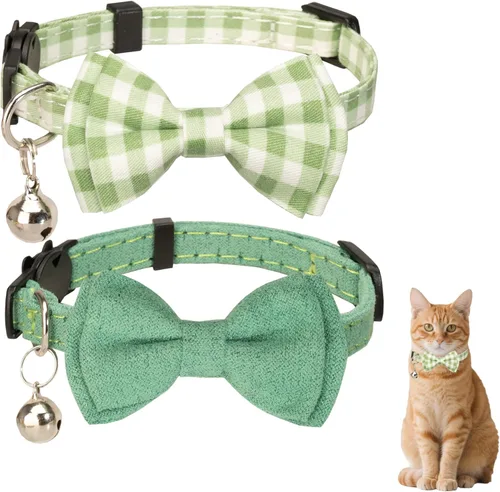 Collar de gato con campana para niño y niña, pajarita de seguridad, a cuadros, color sólido, conjunto de regalo, lindo festivo, [2 piezas], verde