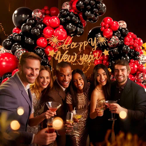 Miniatura 4 de Kit de guirnalda de arco de globos rojos y negros con globos de confeti negro y rojo para graduación, aniversario, San Valentín, Año Nuevo