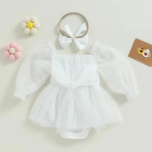 Miniatura 6 de FYBITBO Mameluco para bebé recién nacida, con lazo frontal, manga larga abombada, tul en capas, tutú con diadema