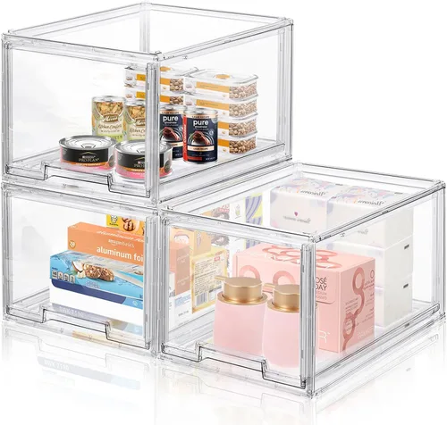 Miniatura 9 de DILIBRA Paquete de 2 cajones grandes apilables de almacenamiento, organizadores de cajones de plástico transparente para baño debajo del fregadero