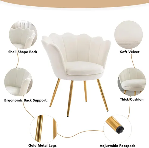Miniatura 3 de chairus Silla de tocador de maquillaje blanca crema con respaldo, pequeña silla moderna tapizada de terciopelo con patas de metal dorado, bonita