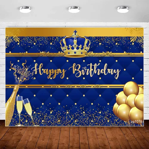 InMemory Telón de fondo de cumpleaños azul real y dorado para hombres, corona dorada, globos de champán, fondo de feliz cumpleaños, para niños y